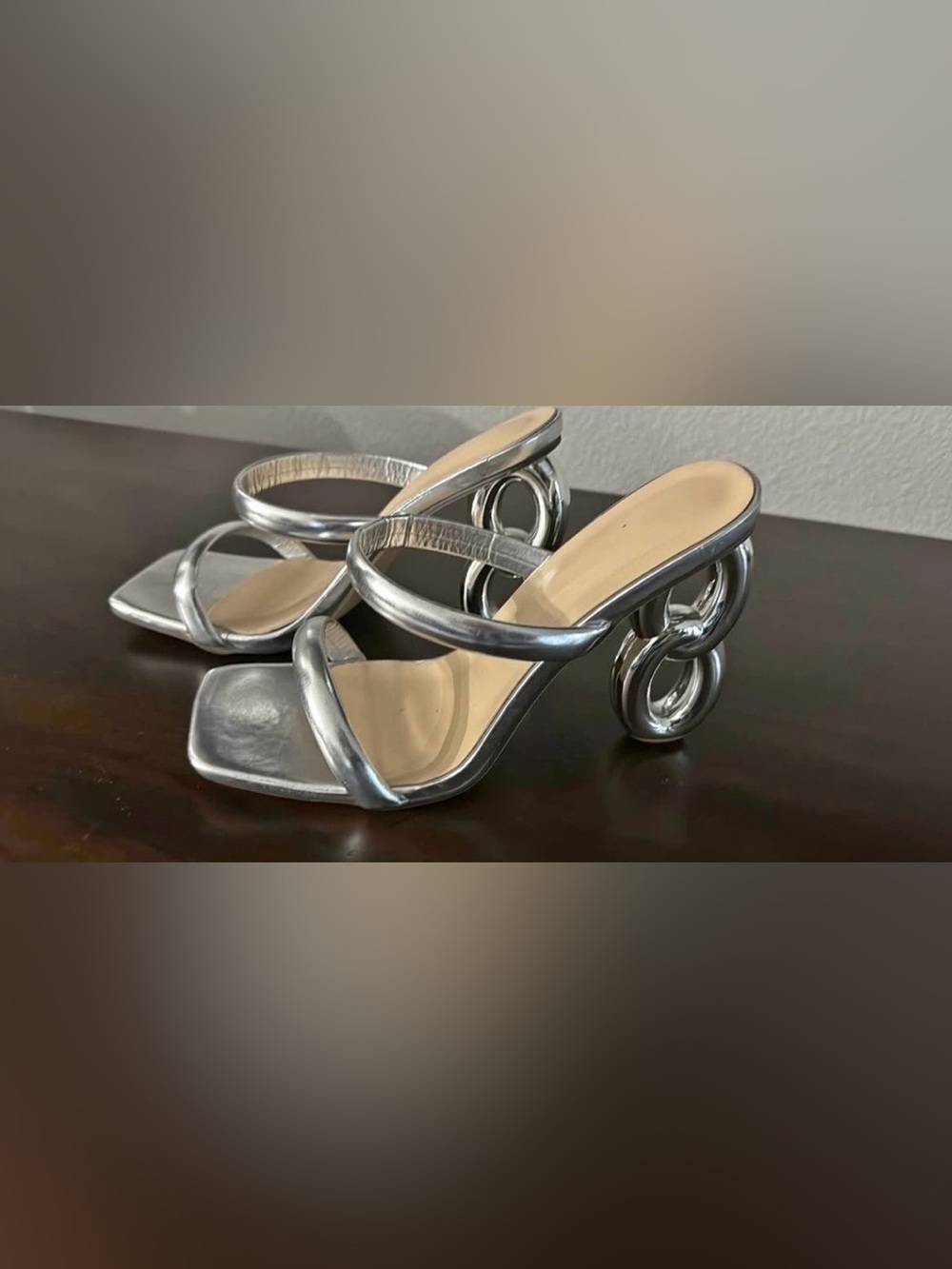 5” tall Metallic Silver Strappy Block-Heel Sandals